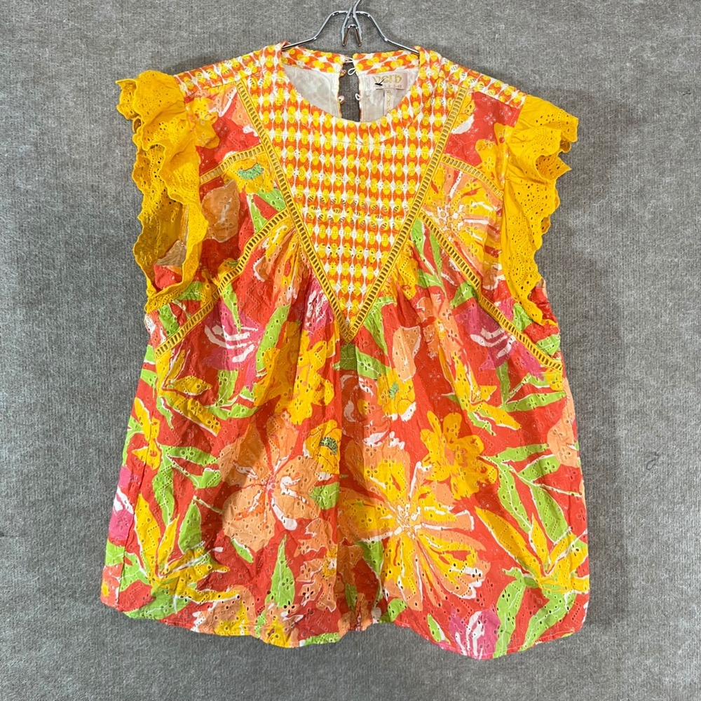 Verb Pallavi Singhee Top Women XL Floral Eyelet Ruffle Sleeve Boho Summer Bright
